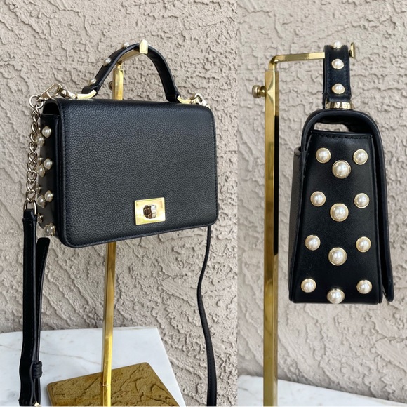 KATE SPADE Black Glitter Leather Serrano Place Pearl Mini Satchel Crossbody Bag